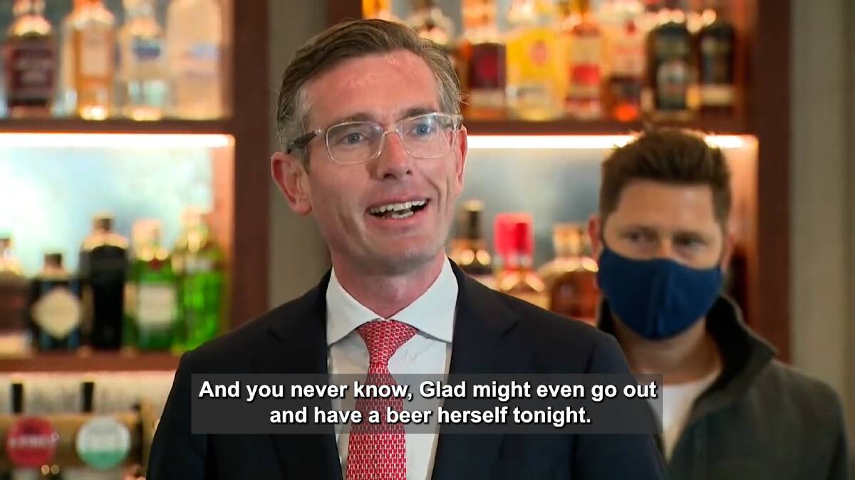 NSW Premier Dominic Perrottet (pictured) and his colleagues collectively mentioned beer, or variations of the word, 11 times during a press conference at Watson's pub in Sydney on Monday. NSW Premier Dominic Perrottet (pictured) and his colleagues collectively mentioned beer, or variations of the word, 11 times during a press conference at Watson's pub in Sydney on Monday.