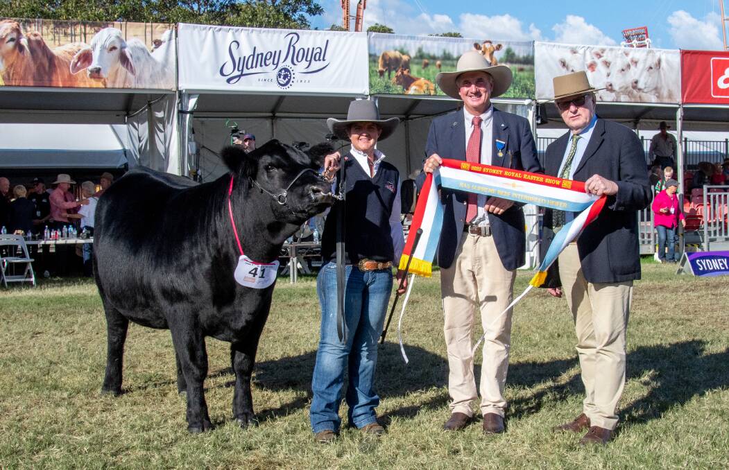 Diamond Ms Reckoning R447 with Christie Fuller, judge Ben Mayne, and former RAS president, Arthur Bragg. Photo: Branded Ag Diamond Ms Reckoning R447 with Christie Fuller, judge Ben Mayne, and former RAS president, Arthur Bragg. Photo: Branded Ag