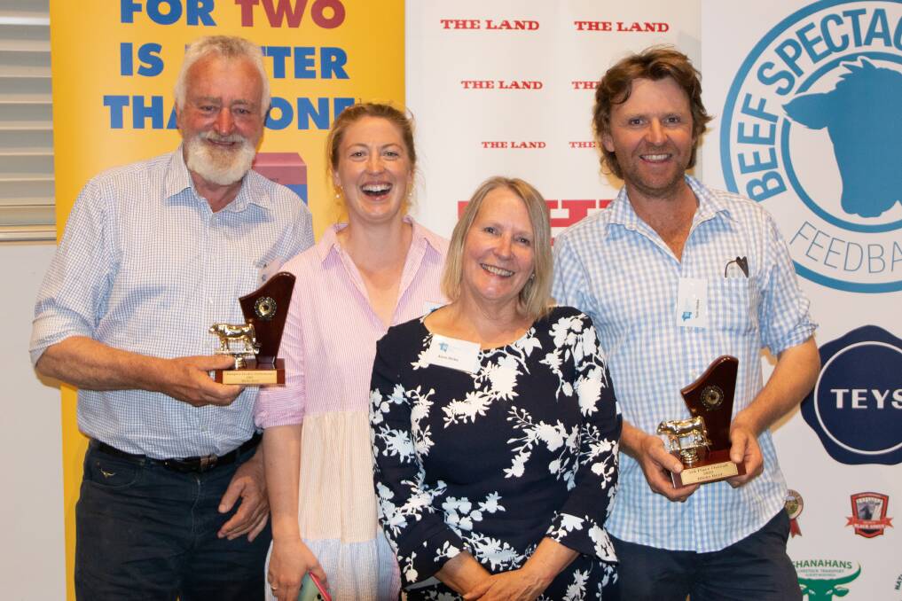 Andrew, Kate, Anne and Tom Hicks, Hicks Beef, Holbrook, with their trophies for champion feedlot performance pen and third overall. Photo: Kate Loudon Andrew, Kate, Anne and Tom Hicks, Hicks Beef, Holbrook, with their trophies for champion feedlot performance pen and third overall. Photo: Kate Loudon