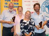 Andrew, Kate, Anne and Tom Hicks, Hicks Beef, Holbrook, with their trophies for champion feedlot performance pen and third overall. Photo: Kate Loudon