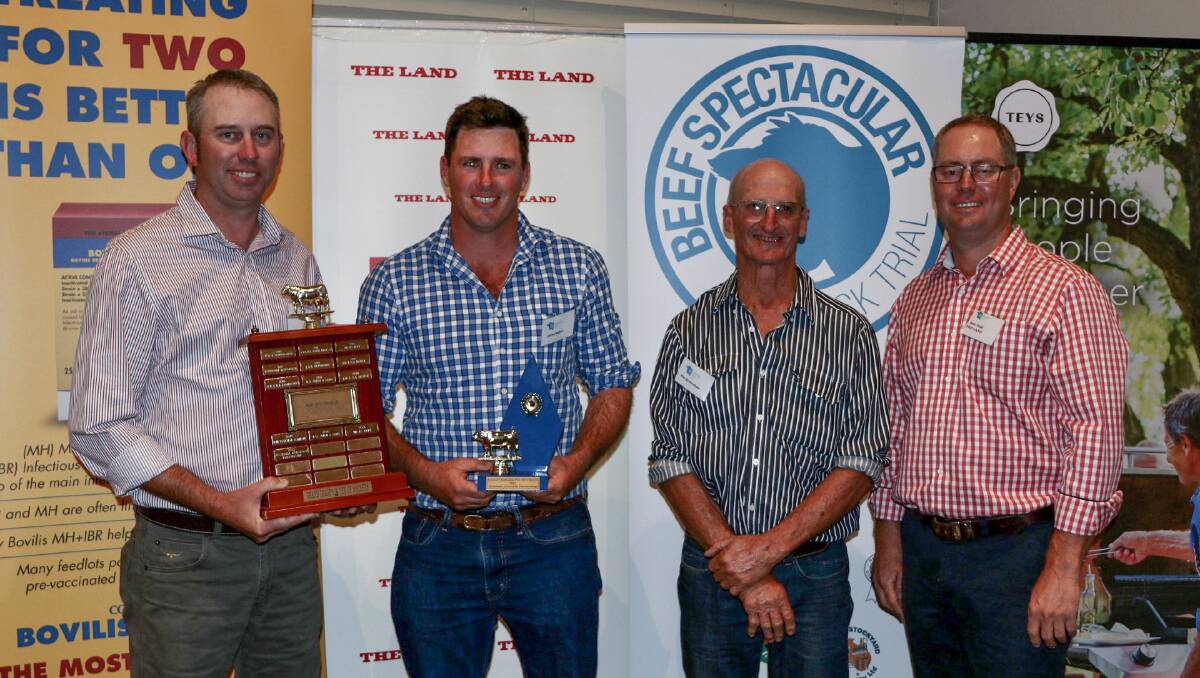 Teys Australia Jindalee feedlot manage Shane Bullock with trial winner and runner up James Millner, Rosedale Livestock Partnership (Rosedale Charolais), Blayney, major sponsor representative Ken Burkinshaw, National Stockyards Systems Pty Ltd, Wagga Wagga, and trial organiser Brett Tindal, Wagga Wagga. Teys Australia Jindalee feedlot manage Shane Bullock with trial winner and runner up James Millner, Rosedale Livestock Partnership (Rosedale Charolais), Blayney, major sponsor representative Ken Burkinshaw, National Stockyards Systems Pty Ltd, Wagga Wagga, and trial organiser Brett Tindal, Wagga Wagga.