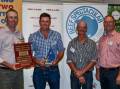 Teys Australia Jindalee feedlot manage Shane Bullock with trial winner and runner up James Millner, Rosedale Livestock Partnership (Rosedale Charolais), Blayney, major sponsor representative Ken Burkinshaw, National Stockyards Systems Pty Ltd, Wagga Wagga, and trial organiser Brett Tindal, Wagga Wagga. 