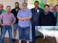 David Schultz, Greg Davis, Shaun Blenkiron, Cheryl Wandel, Michael Blenkiron, Jim Davis and Ash Fawcett gathered to watch the online auction. (Inset) Gumshire King J348, sold by Shaun Blenkiron, Keyneton made $2200.