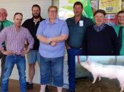 David Schultz, Greg Davis, Shaun Blenkiron, Cheryl Wandel, Michael Blenkiron, Jim Davis and Ash Fawcett gathered to watch the online auction. (Inset) Gumshire King J348, sold by Shaun Blenkiron, Keyneton made $2200.