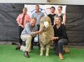 STAR LOT: (back) Elders' Tony Wetherall, Paul Cousins and buyers Jesse and Courtney Hull, with Geoff and Bernadette Davidson holding their $70,000 'Lightning' ram.