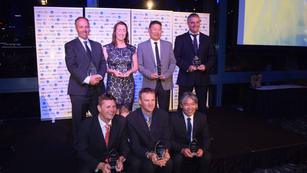 The overall winners of the Syngenta Growth Awards: from the back Mic Fels, WA, Tayah Ryan, NZ, Allan Fong, NZ, Trevor Stead, Syngenta, on behalf of the absent Duc Nguyen. Front: David Cameron, WA, Randall Wilksch, SA and Tommy Le, Queensland. The overall winners of the Syngenta Growth Awards: from the back Mic Fels, WA, Tayah Ryan, NZ, Allan Fong, NZ, Trevor Stead, Syngenta, on behalf of the absent Duc Nguyen. Front: David Cameron, WA, Randall Wilksch, SA and Tommy Le, Queensland.