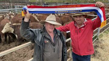 Sashed the best presented pen of the sale, Bluey Commins, Nunniong Herefords, Ensay, with Elders Bairnsdale livestock manager Morgan Davies.