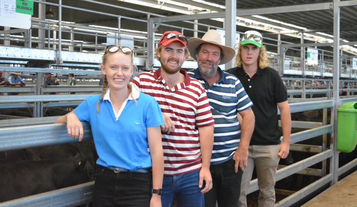 Renae, Brett, Mark and Dale Quilter at the Barnawartha Blue Ribbon Angus weaner sale near Wodonga. Renae, Brett, Mark and Dale Quilter at the Barnawartha Blue Ribbon Angus weaner sale near Wodonga.