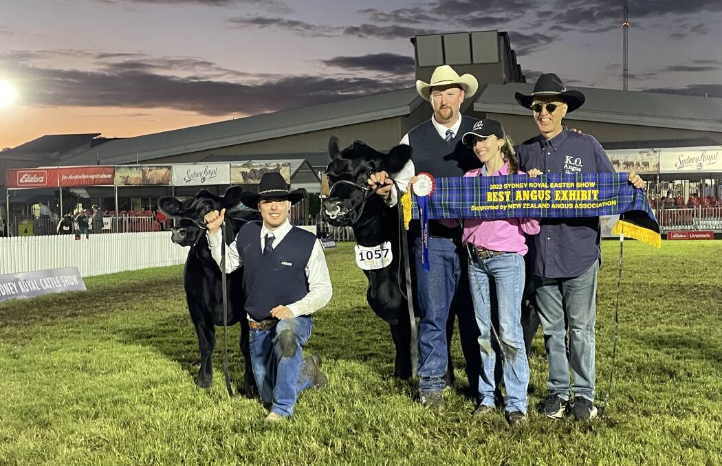 KO Angus at Kangaloon achieved a personal dream of its stud principal Theo Onisforou when KO Jedda K127 took out best Angus exhibit at the Sydney Royal Show on Sunday pictured with Angus Onisforou leading her heifer calf, stud manager Tim Lord and Stephanie Onisforou standing next to her father. KO Angus at Kangaloon achieved a personal dream of its stud principal Theo Onisforou when KO Jedda K127 took out best Angus exhibit at the Sydney Royal Show on Sunday pictured with Angus Onisforou leading her heifer calf, stud manager Tim Lord and Stephanie Onisforou standing next to her father.