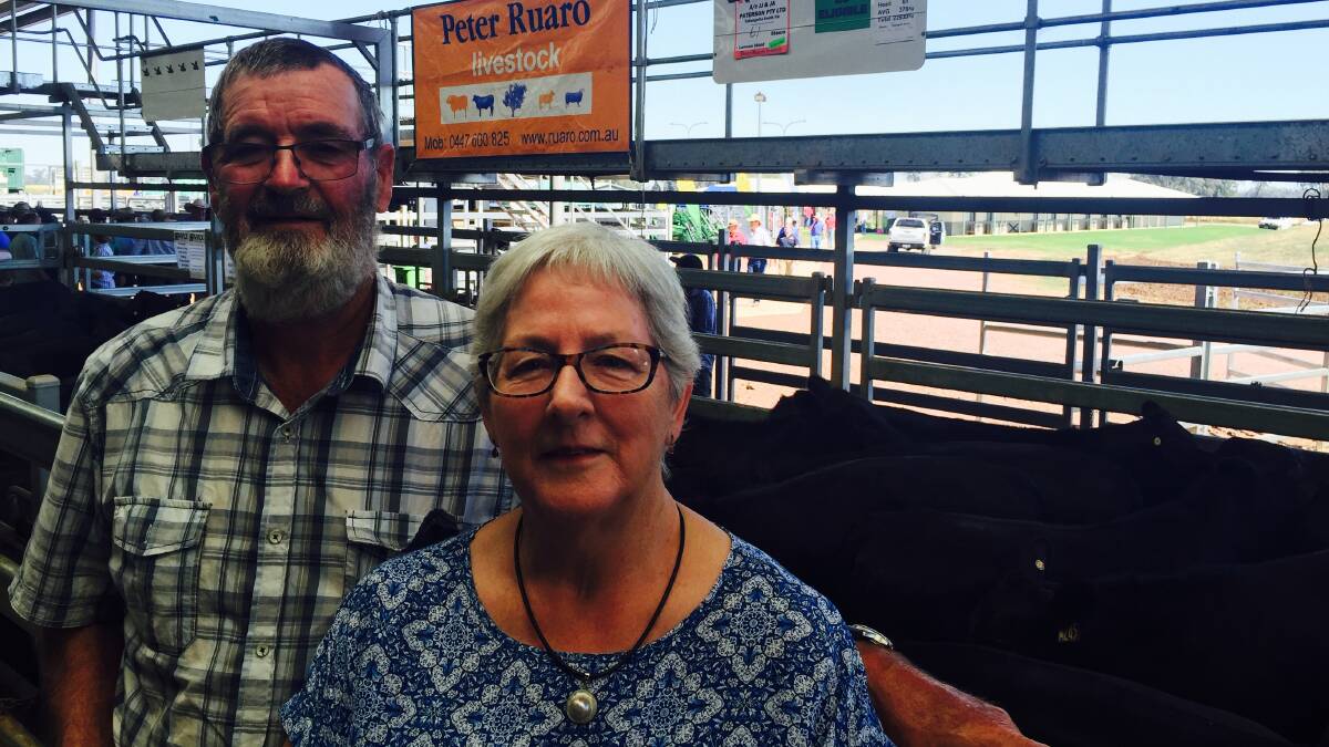 John & Judy Paterson, Tallangatta South, were awarded the Rural Finance, best presented pen for their 61 EU accredited Angus steers at Wodonga Friday. Their steers sold for $1430 to top the weaned steer sale. John & Judy Paterson, Tallangatta South, were awarded the Rural Finance, best presented pen for their 61 EU accredited Angus steers at Wodonga Friday. Their steers sold for $1430 to top the weaned steer sale.