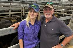 DEMAND: Max Wright, Table Top, with grand-daughter Imijen Wright, sold 10 Angus steers, 380kg, for $2495.
