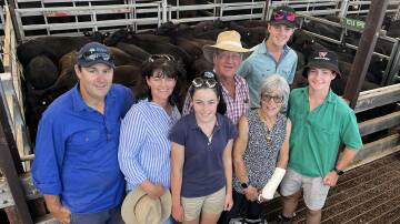 THREE GENERATIONS: Luke and Karen Rees, Gil and Glenda Rees and Mia, 13, Joel, 17, and Alex, 15, Roo Park Pastoral, Telangatuk East, sold 82 Angus steers, 10-11 months, including 28 steers, 297kg, for 778c/kg or $2310.