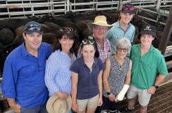 THREE GENERATIONS: Luke and Karen Rees, Gil and Glenda Rees and Mia, 13, Joel, 17, and Alex, 15, Roo Park Pastoral, Telangatuk East, sold 82 Angus steers, 10-11 months, including 28 steers, 297kg, for 778c/kg or $2310.