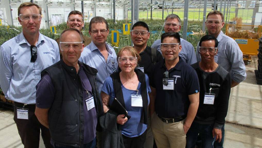 Syngenta Growth Awards tour group Garth Wickson (Syngenta), David Cameron (WA), Michael Fels (WA), David Cameron (WA), Allan Fong (New Zealand), Sheila Charlesworth (Qld), Bryan Hart (NZ), Tommy Le (Qld), Duc Nguyen (WA) and Randall Wilksch (SA), at the company's Jealott's Hill facility at Berkshire, UK, during the 2017 tour.