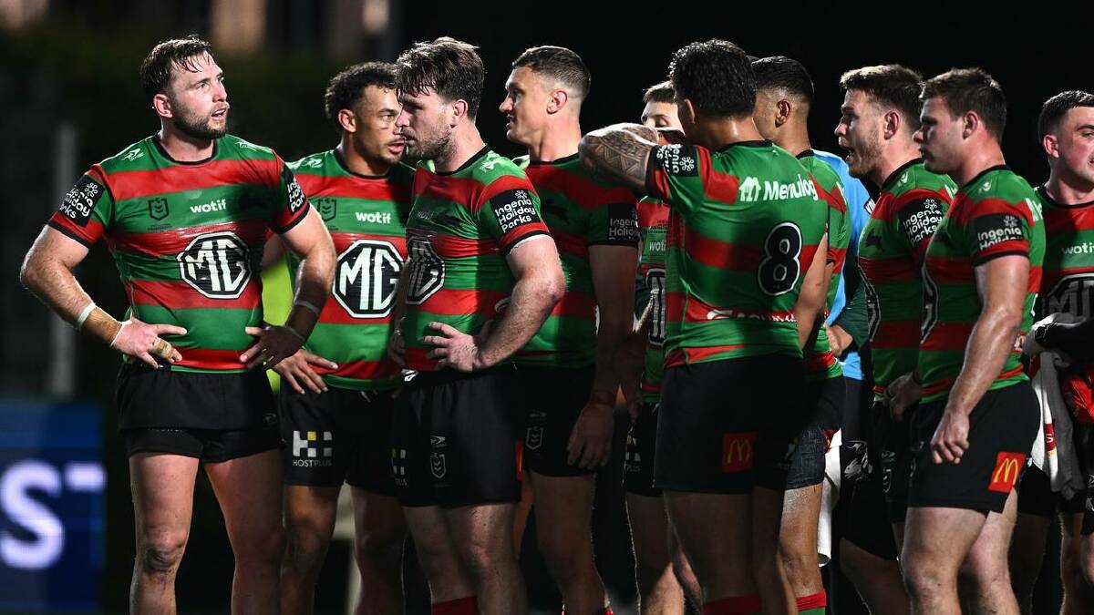 An undermanned Rabbitohs side assemble on the tryline after conceding against Cronulla. (Dan Himbrechts/AAP PHOTOS) An undermanned Rabbitohs side assemble on the tryline after conceding against Cronulla. (Dan Himbrechts/AAP PHOTOS)