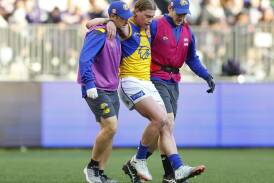 Harley Reid is helped off the ground after suffering an ankle injury in the loss to the Dockers.
 Photo: James Worsfold/AAP PHOTOS
