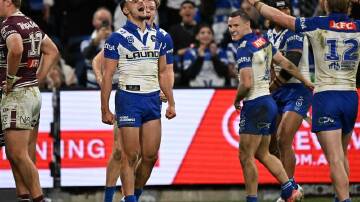 Jacob Kiraz scored a double in the Bulldogs' 42-4 win over the Sea Eagles. Photo: Dean Lewins/AAP PHOTOS