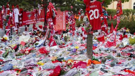 The masses of tributes left to Diogo Jota at Anfield will form the basis of a permanent memorial. Photo: EPA PHOTO