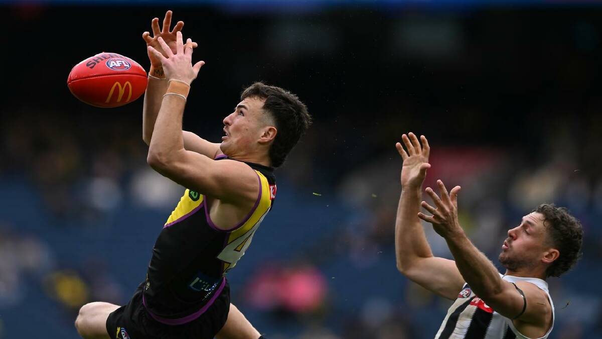 Richmond's Steely Green flies for a mark in front of Collingwood defender Harry Perryman. (James Ross/AAP PHOTOS) Richmond's Steely Green flies for a mark in front of Collingwood defender Harry Perryman. (James Ross/AAP PHOTOS)