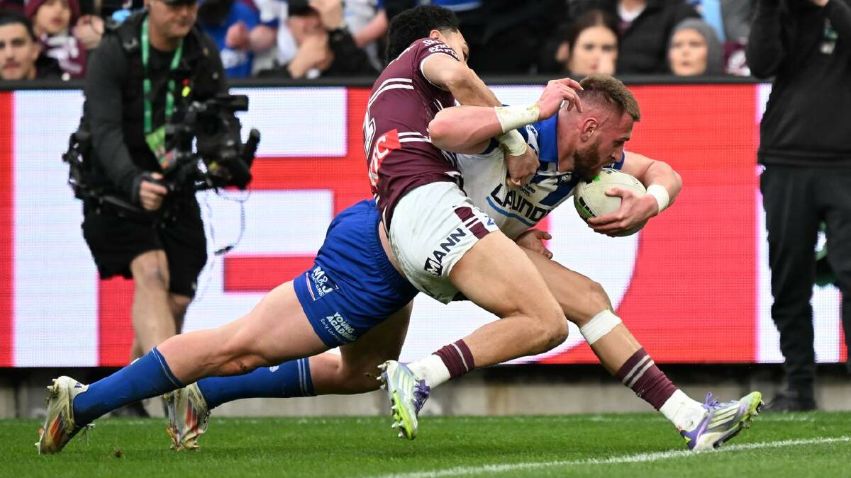 Manly's Lehi Hopoate couldn't stop Canterbury's Samuel Hughes scoring. (Dean Lewins/AAP PHOTOS) Manly's Lehi Hopoate couldn't stop Canterbury's Samuel Hughes scoring. (Dean Lewins/AAP PHOTOS)