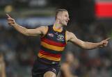 Sam Berry of the Adelaide Crows celebrates a goal during the Showdown rout of Port Adelaide. Photo: Matt Turner/AAP PHOTOS