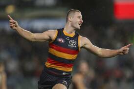 Sam Berry of the Adelaide Crows celebrates a goal during the Showdown rout of Port Adelaide. Photo: Matt Turner/AAP PHOTOS