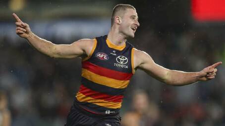 Sam Berry of the Adelaide Crows celebrates a goal during the Showdown rout of Port Adelaide. Photo: Matt Turner/AAP PHOTOS