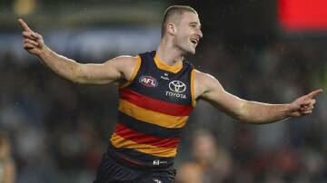 Sam Berry of the Adelaide Crows celebrates a goal during the Showdown rout of Port Adelaide. Photo: Matt Turner/AAP PHOTOS