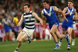 Geelong's Jeremy Cameron led North Melbourne's defenders a merry dance on his way to 11 goals. Photo: Rob Prezioso/AAP PHOTOS