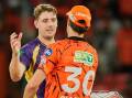 Cameron Green is congratulated by his Test captain Pat Cummins after KKR's win over Hyderabad. Photo: AP PHOTO