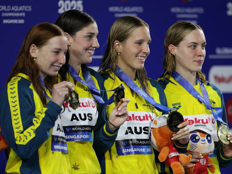 Mollie O'Callaghan, Meg Harris, Milla Jansen and Olivia Wunsch won the 4x100m freestyle relay final. Photo: EPA PHOTO Mollie O'Callaghan, Meg Harris, Milla Jansen and Olivia Wunsch won the 4x100m freestyle relay final. Photo: EPA PHOTO