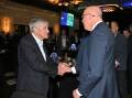 Peter Dutton greeted billionaire Kerry Stokes at a function where he defended his campaign. Photo: Mick Tsikas/AAP PHOTOS