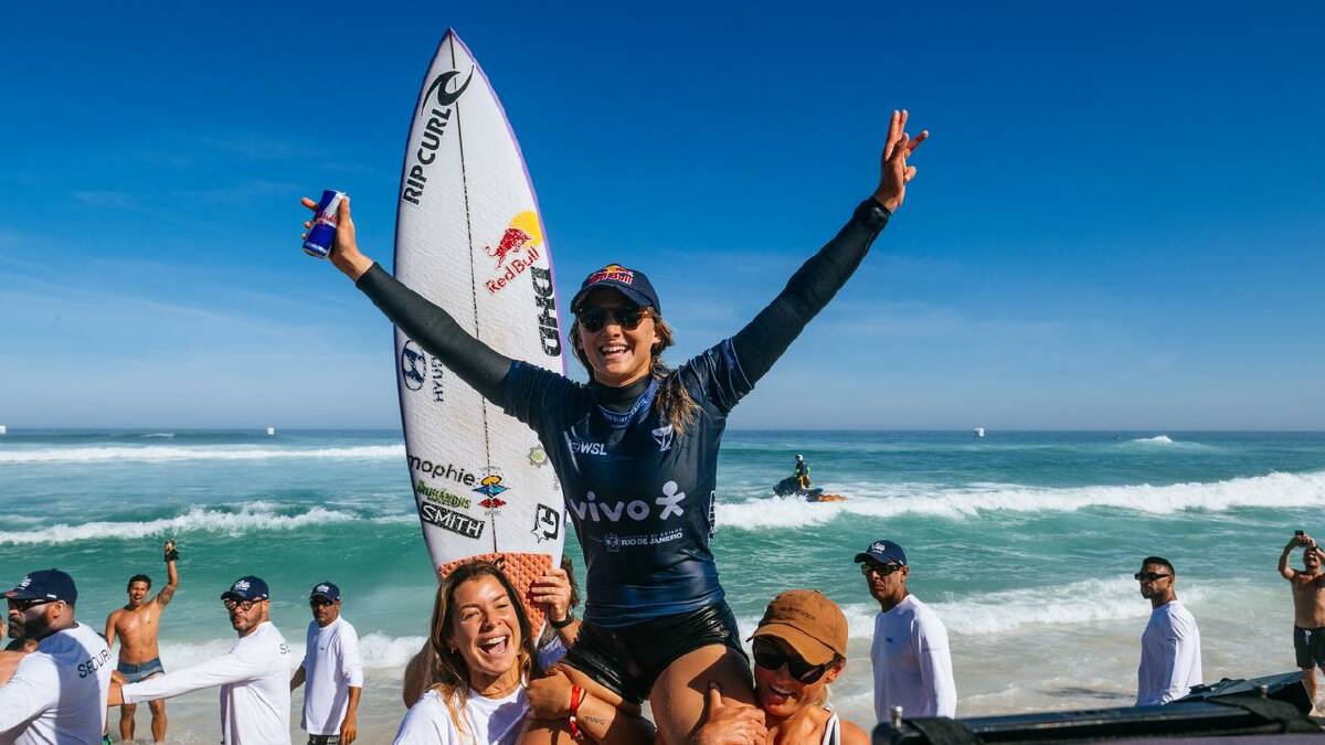 Molly Picklum celebrates last month's World Surf League victory at Saquarema, Rio De Janeiro. (HANDOUT/World Surf League)