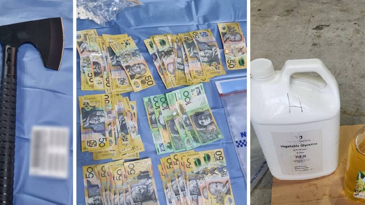 Police discovered vape hardware, vials containing 300 grams of nitazene and more than $7000. (HANDOUT/NSW POLICE)