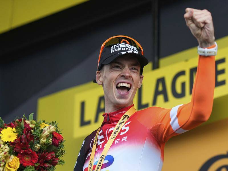 Dutchman Thymen Arensman celebrates after his win on the brutal 19th stage of the Tour de France. Photo: AP PHOTO