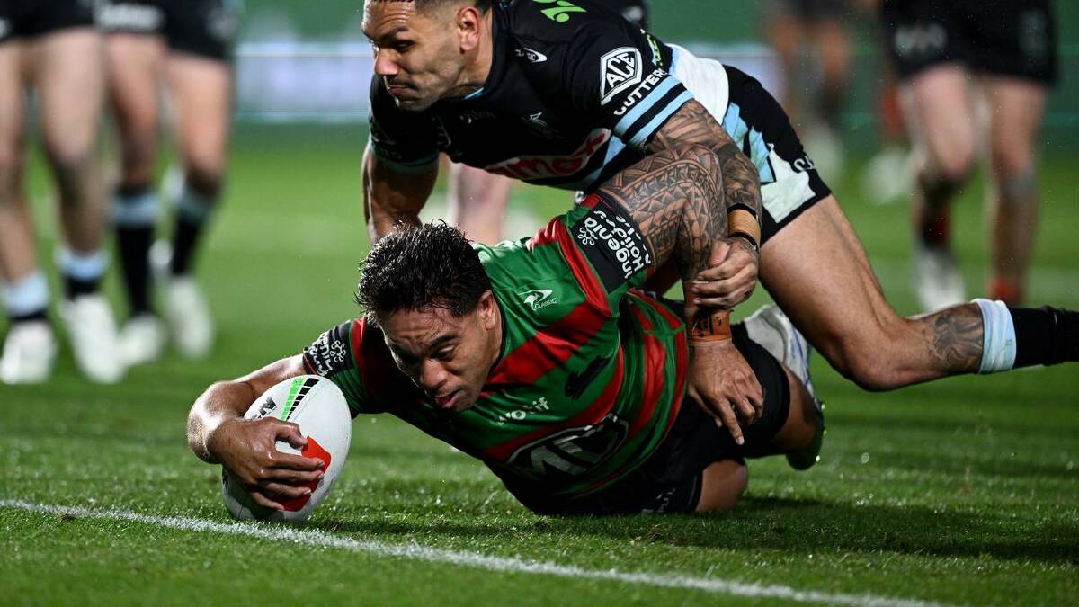 Tevita Tatola scored a late try for the Rabbitohs, but injured his shoulder in the process.  (Dan Himbrechts/AAP PHOTOS)