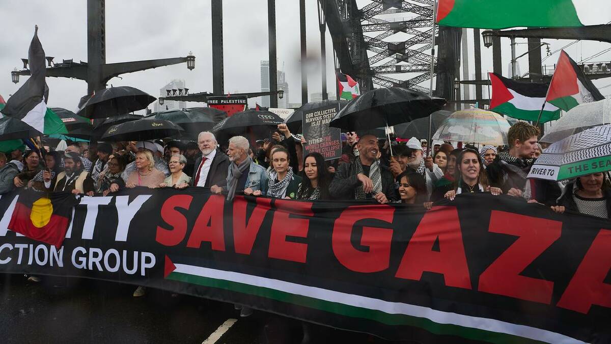 On Sunday, about 90,000 people marched on the Sydney Harbour Bridge in support of Palestine. (Flavio Brancaleone/AAP PHOTOS) On Sunday, about 90,000 people marched on the Sydney Harbour Bridge in support of Palestine. (Flavio Brancaleone/AAP PHOTOS)