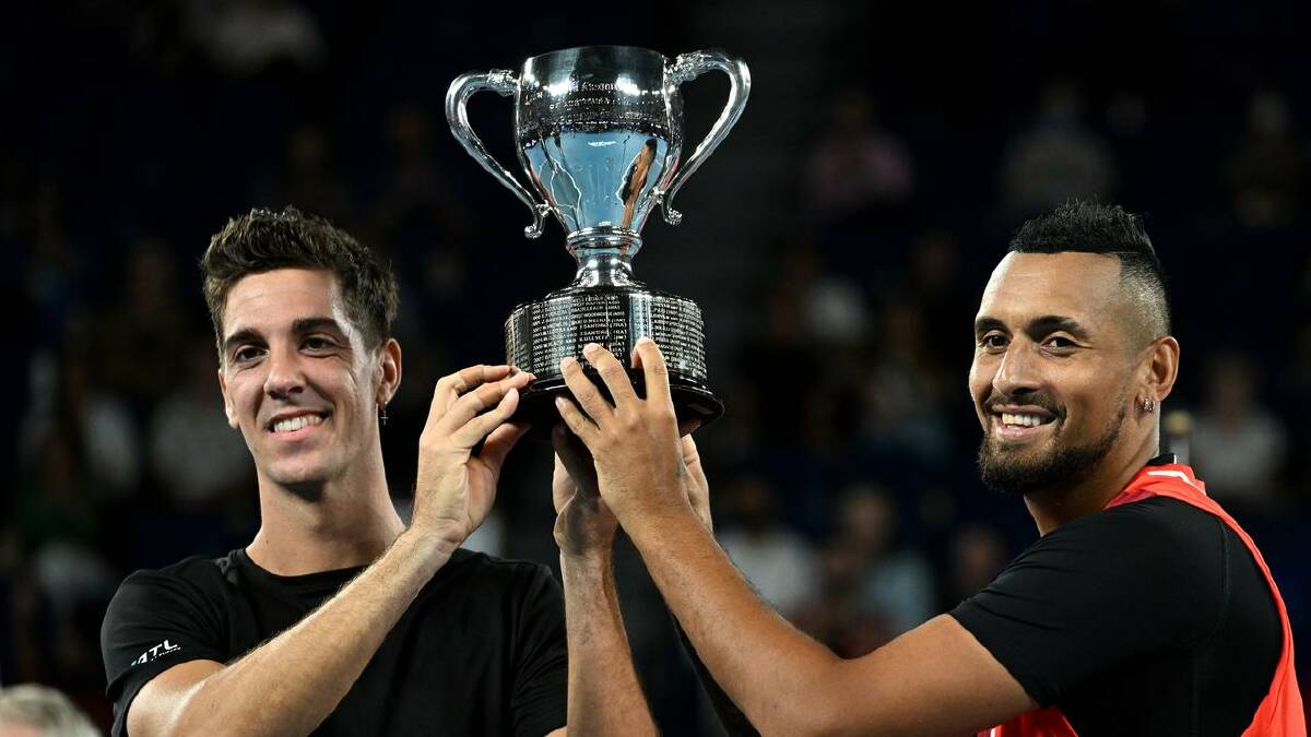 Nick Kyrgios is a grand slam doubles champ, winning Australian Open 2022 with Thanasi Kokkinakis. (Dean Lewins/AAP PHOTOS) Nick Kyrgios is a grand slam doubles champ, winning Australian Open 2022 with Thanasi Kokkinakis. (Dean Lewins/AAP PHOTOS)