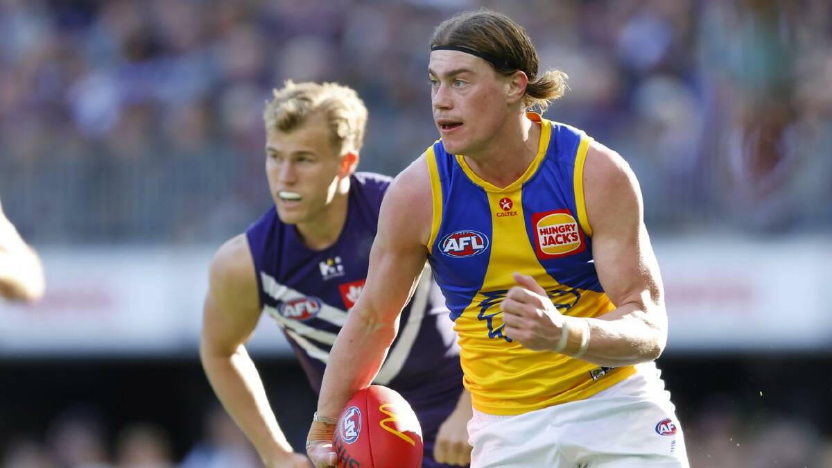 West Coast's Harley Reid  kicked two goals but left the ground late after a heavy tackle. (James Worsfold/AAP PHOTOS)