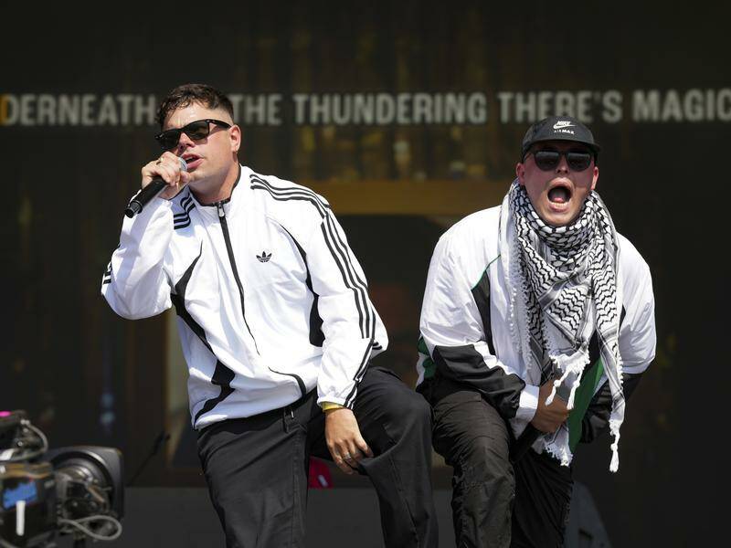 Kneecap's Naoise O Caireallain and Liam Og O hAnnaidh perform at the Glastonbury Festival. Photo: AP PHOTO