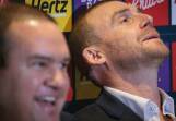 Simon Goodwin (r) and Melbourne president Brad Green at Tuesday's MCG press conference. Photo: Nadir Kinani/AAP PHOTOS
