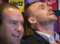 Simon Goodwin (r) and Melbourne president Brad Green at Tuesday's MCG press conference. Photo: Nadir Kinani/AAP PHOTOS