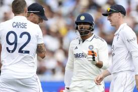 Harry Brook watches as Ravindra Jadeja confronts Brydon Carse after a collision at Lord's. Photo: AP PHOTO