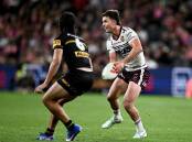 Teen star Joey Walsh (r) showed why Manly are excited by his NRL potential. Photo: Dan Himbrechts/AAP PHOTOS