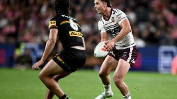 Teen star Joey Walsh (r) showed why Manly are excited by his NRL potential. Photo: Dan Himbrechts/AAP PHOTOS