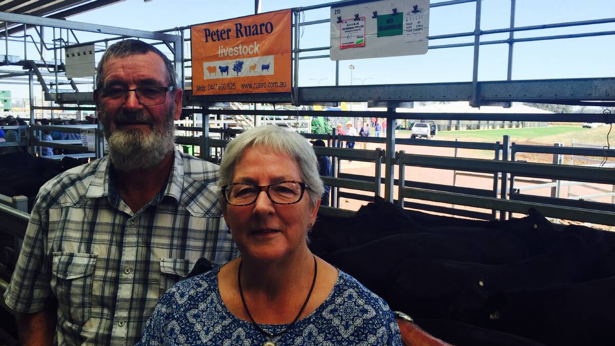 John & Judy Paterson, Tallangatta South, were awarded the Rural Finance, best presented pen for their 61 EU accredited Angus steers at Wodonga Friday. Their steers sold for $1430 to top the weaned steer sale. John & Judy Paterson, Tallangatta South, were awarded the Rural Finance, best presented pen for their 61 EU accredited Angus steers at Wodonga Friday. Their steers sold for $1430 to top the weaned steer sale.